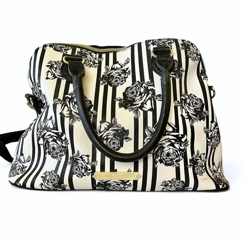 Betsey Johnson Blue Bow Faux Leather Floral Stripe Dome Satchel Bag Handbag